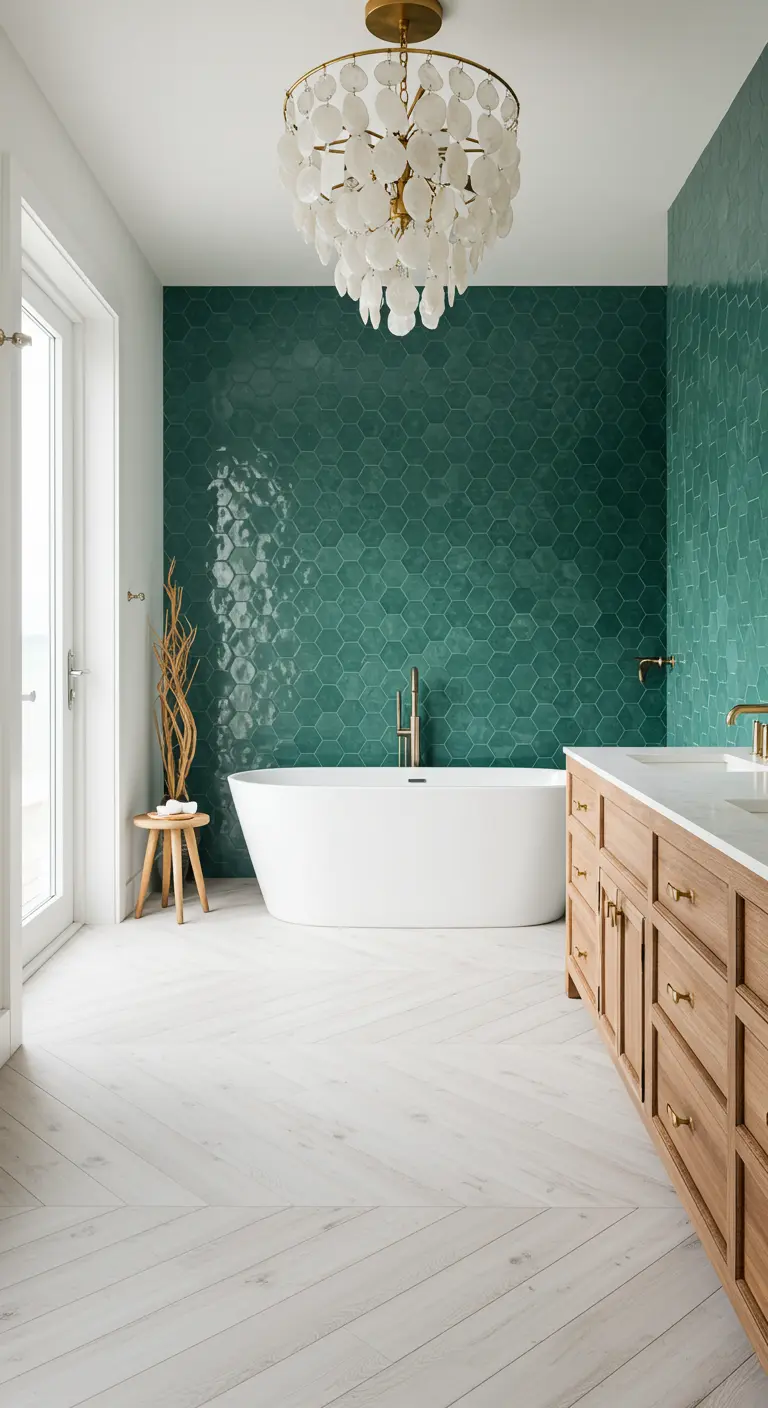 Modern bathroom with emerald green hexagon tile wall and brass fixtures.