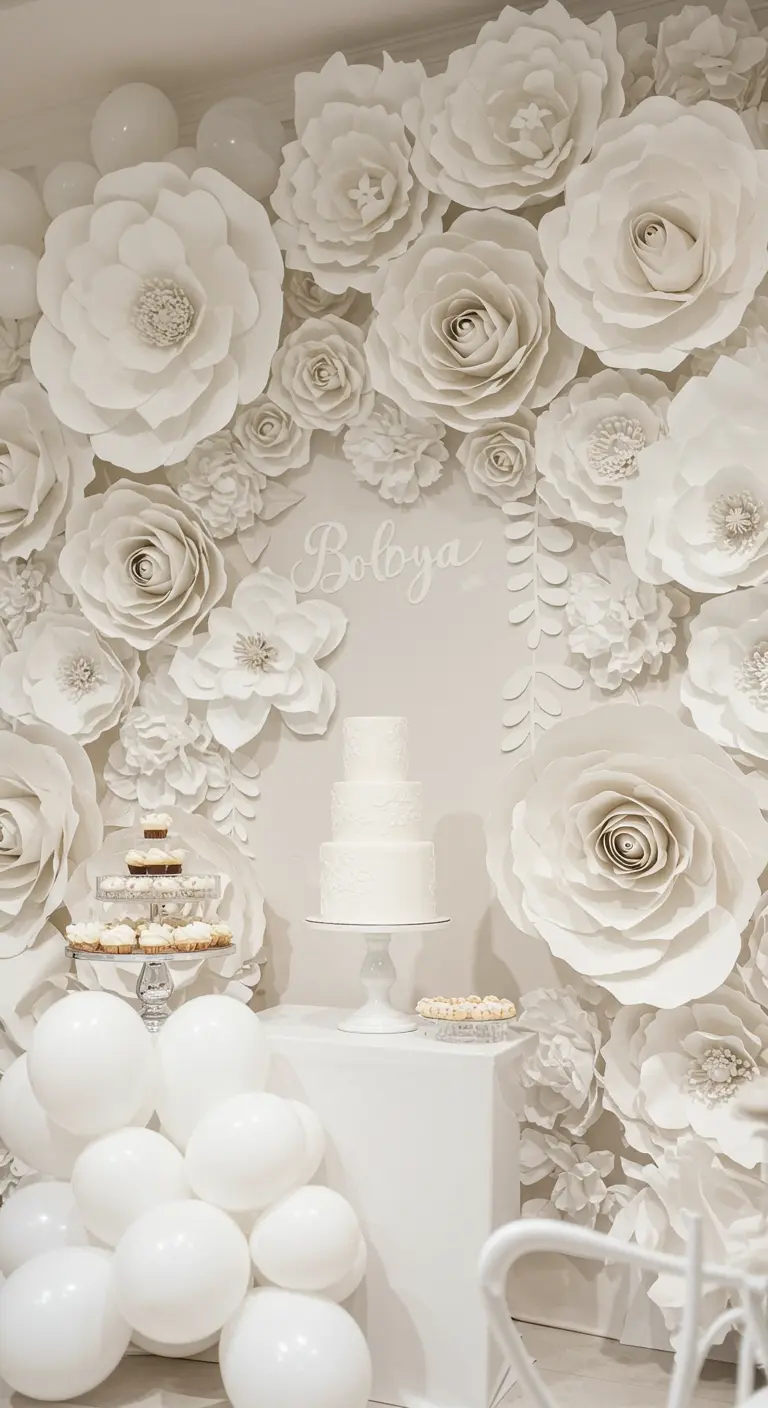 An elegant all-white paper flower wall behind a white wedding cake and dessert display.