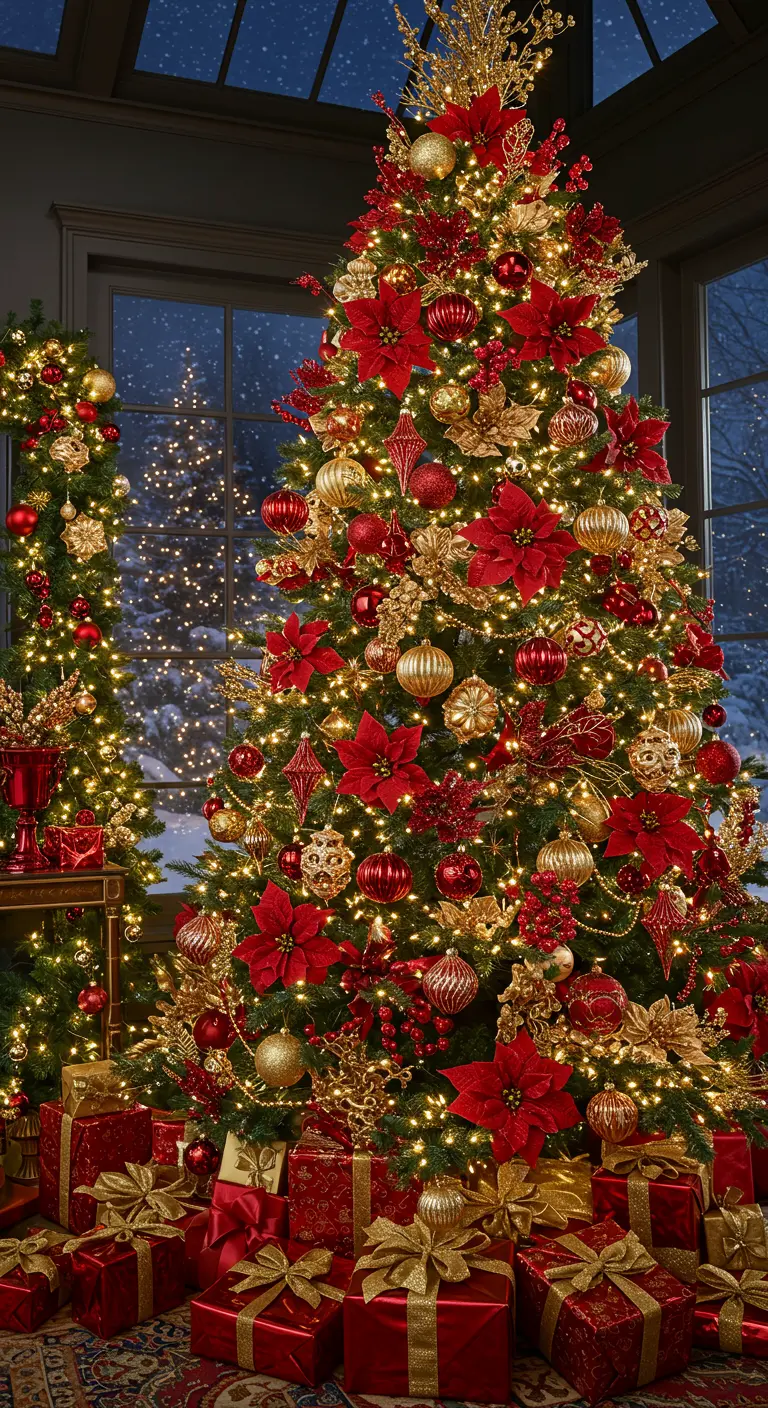 A Christmas tree extravagantly decorated with red and gold ornaments and poinsettias.