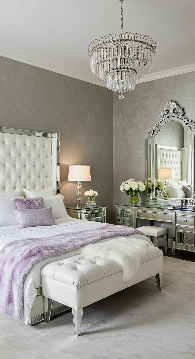 Glamorous bedroom with silver damask wallpaper, mirrored furniture, and a white tufted headboard.