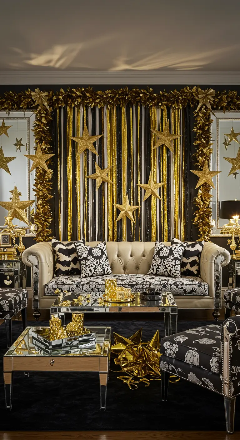 A decadent living room with a wall of black and gold streamers and glittery stars.