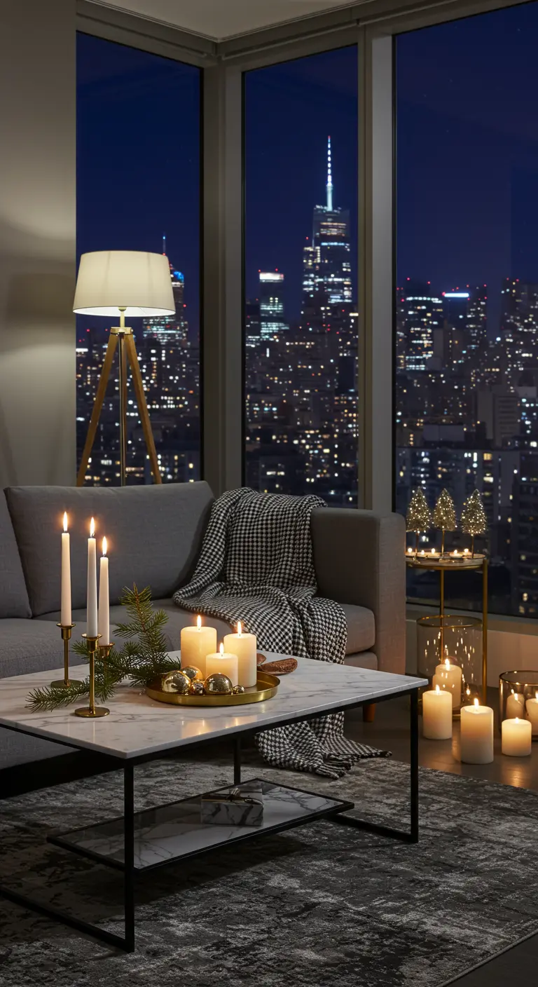 A modern living room with a city view, decorated with minimalist candles and a houndstooth throw.