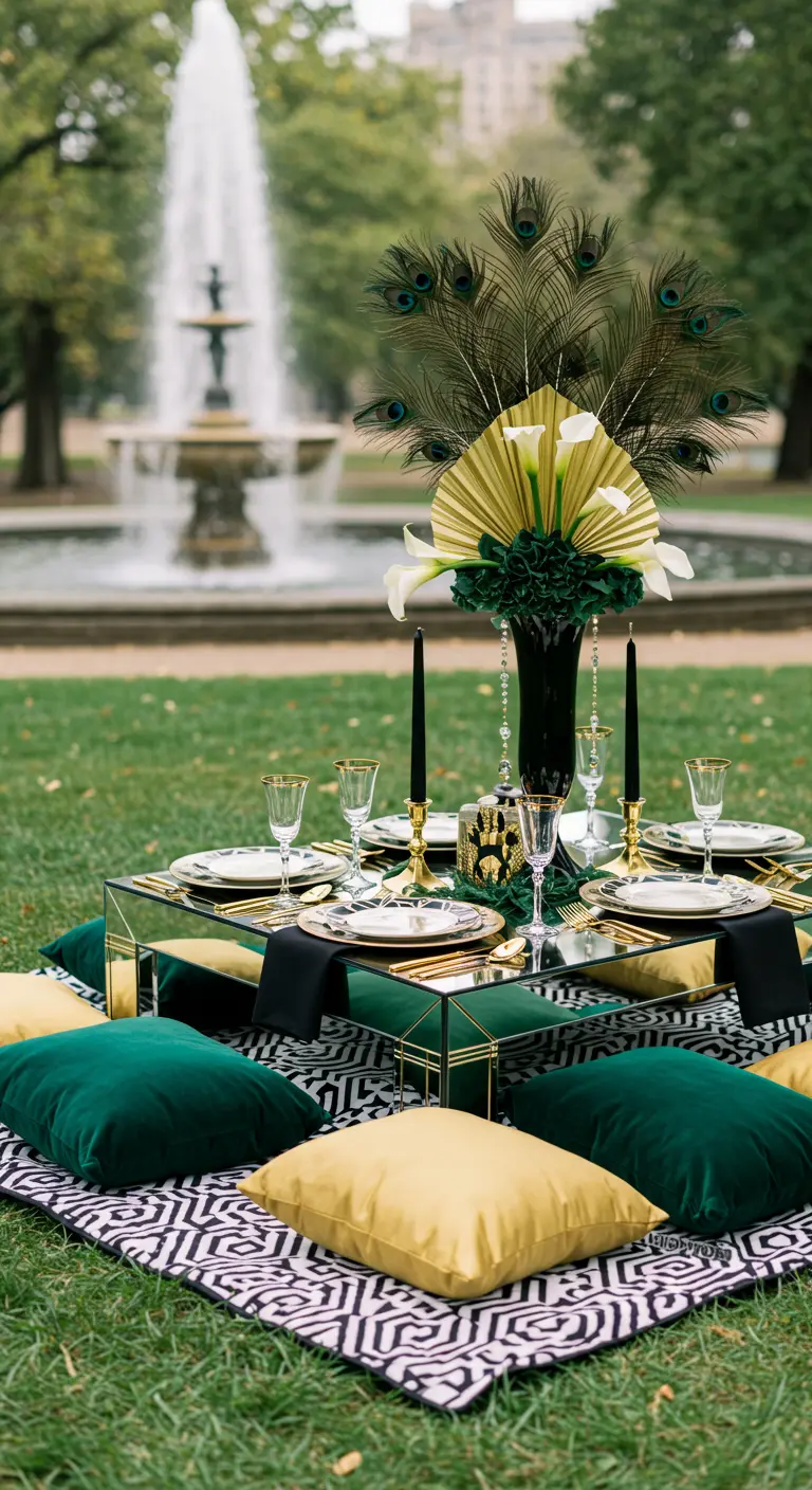 Great Gatsby-themed picnic with a mirrored table, peacock feathers, and a fountain.