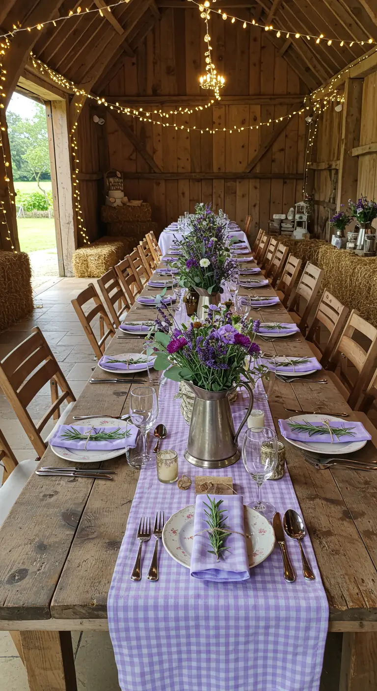 Long rustic table in a barn with lavender gingham runner, florals, and fairy lights.