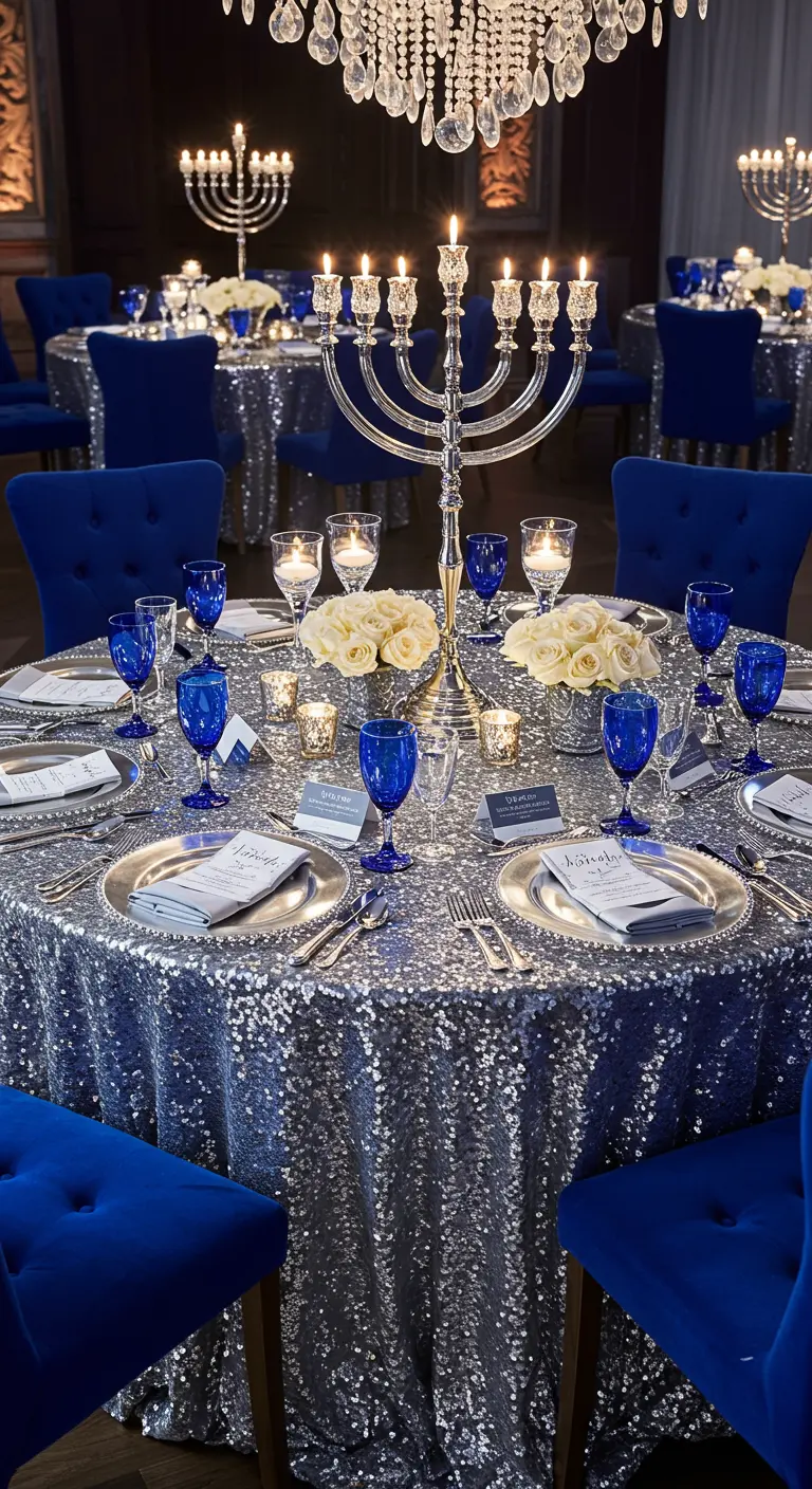 A glamorous Hanukkah party table with a silver sequin tablecloth and royal blue chairs.