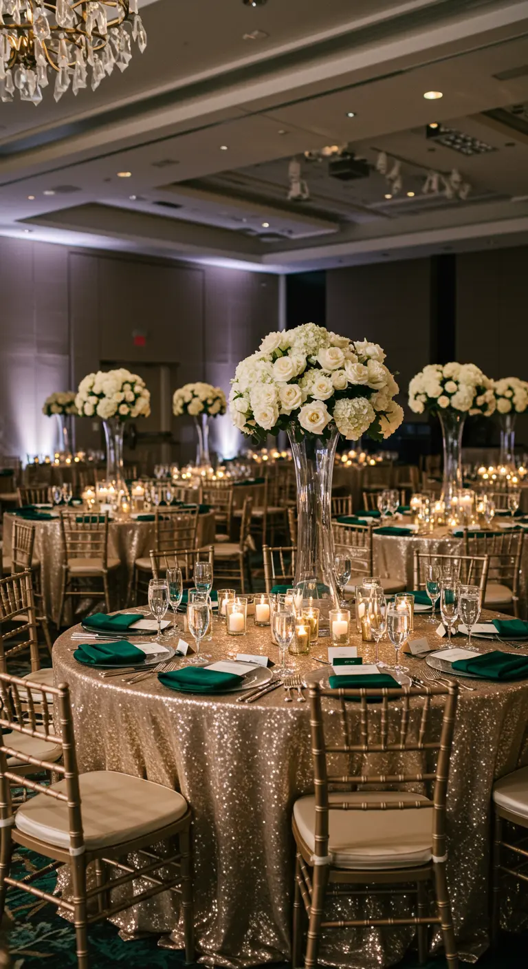 Round wedding table with a gold sequin cloth, tall white floral centerpiece, and emerald napkins.