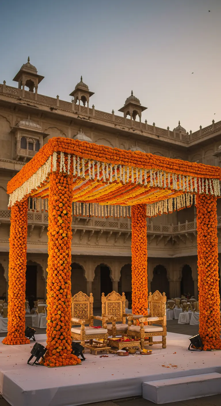 An opulent orange marigold wedding mandap in a historic palace courtyard.