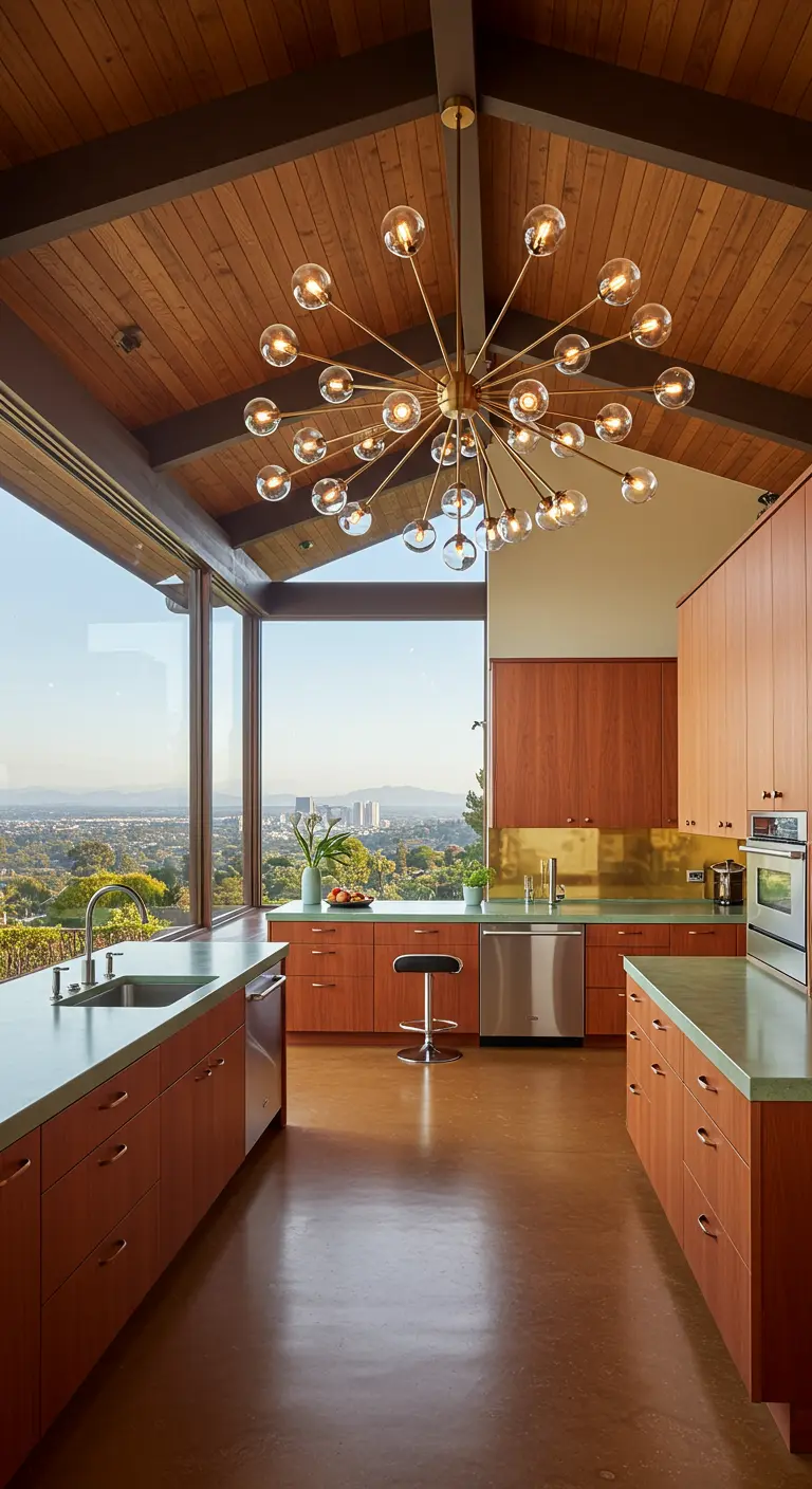 Kitchen with teak cabinets, a brushed brass backsplash, and a large sputnik light.