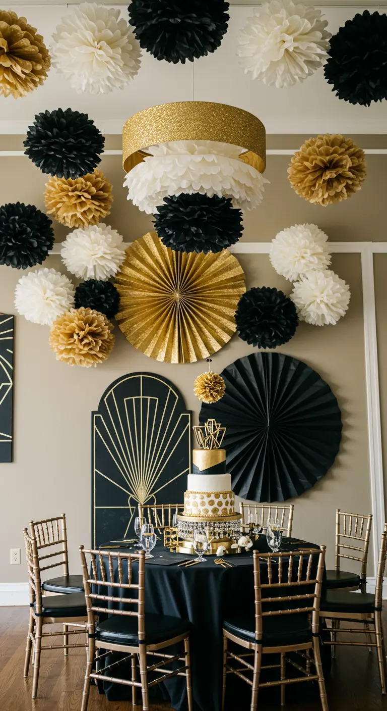 An Art Deco party scene with black, white, and gold pom-poms, fans, and a glittery lampshade.