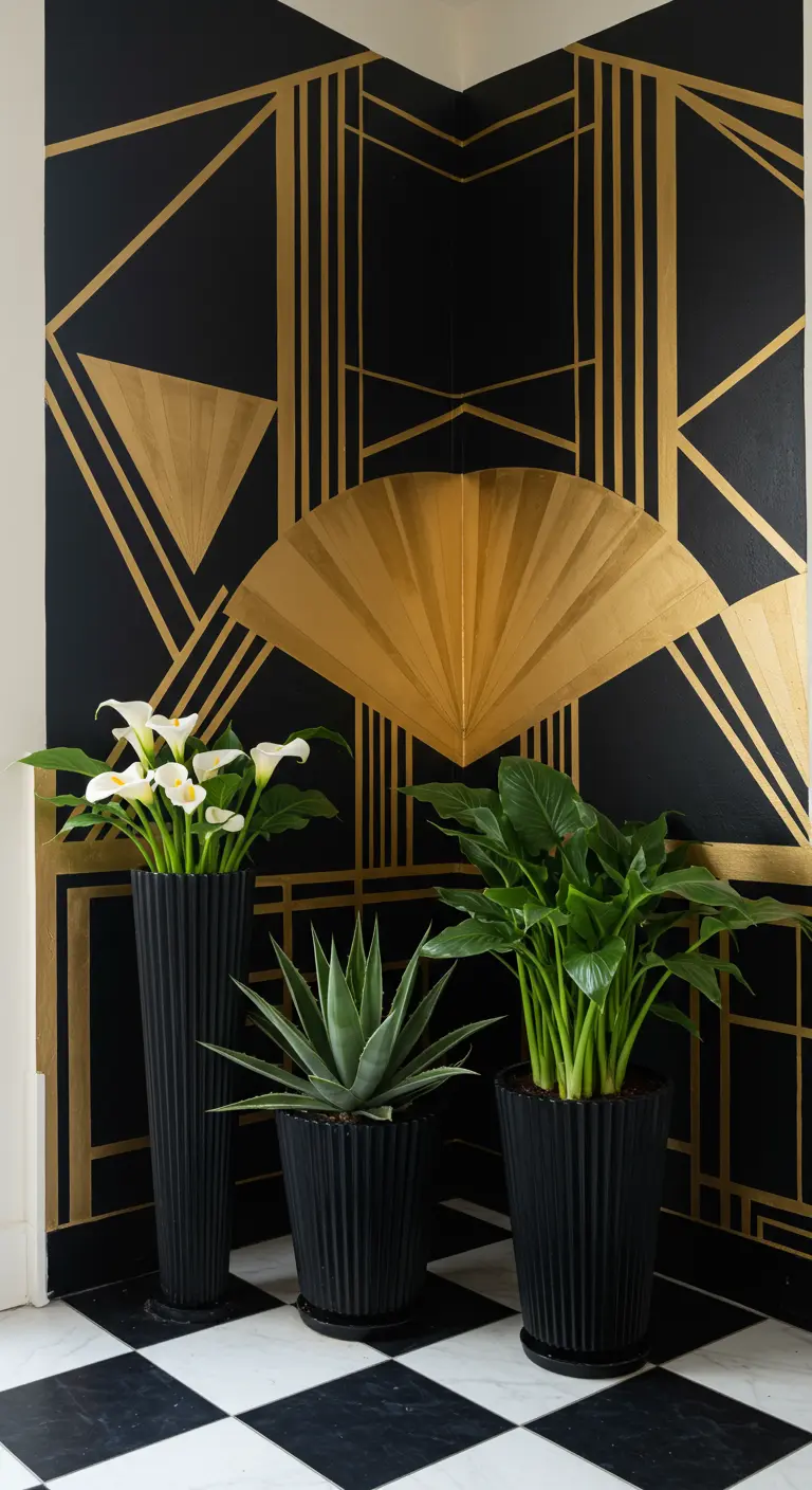 A black wall with a gold Art Deco pattern, featuring elegant black planters with white flowers.