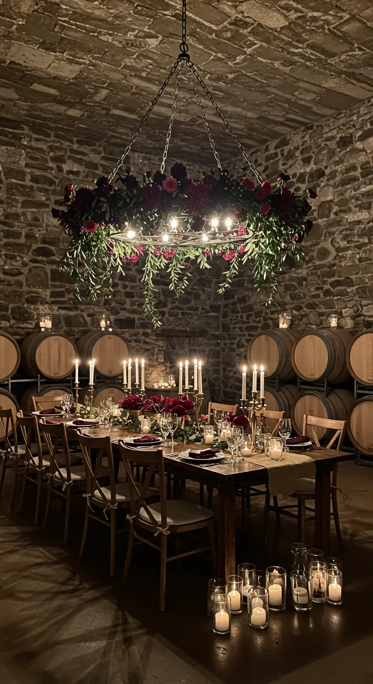 A floral chandelier with red roses hangs over a long table in a candlelit stone wine cellar.