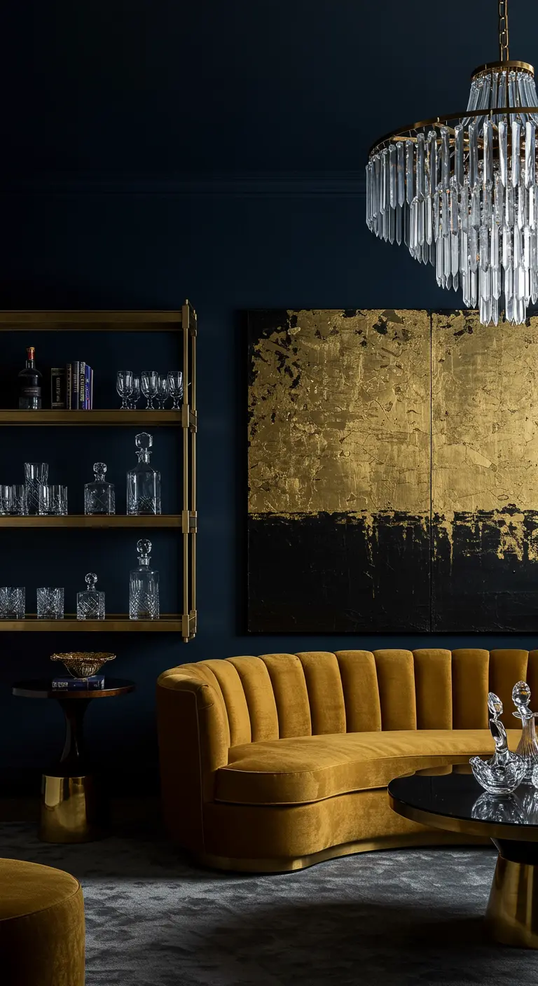 Gold shelving unit and gold leaf art against a dark navy wall with a mustard sofa.