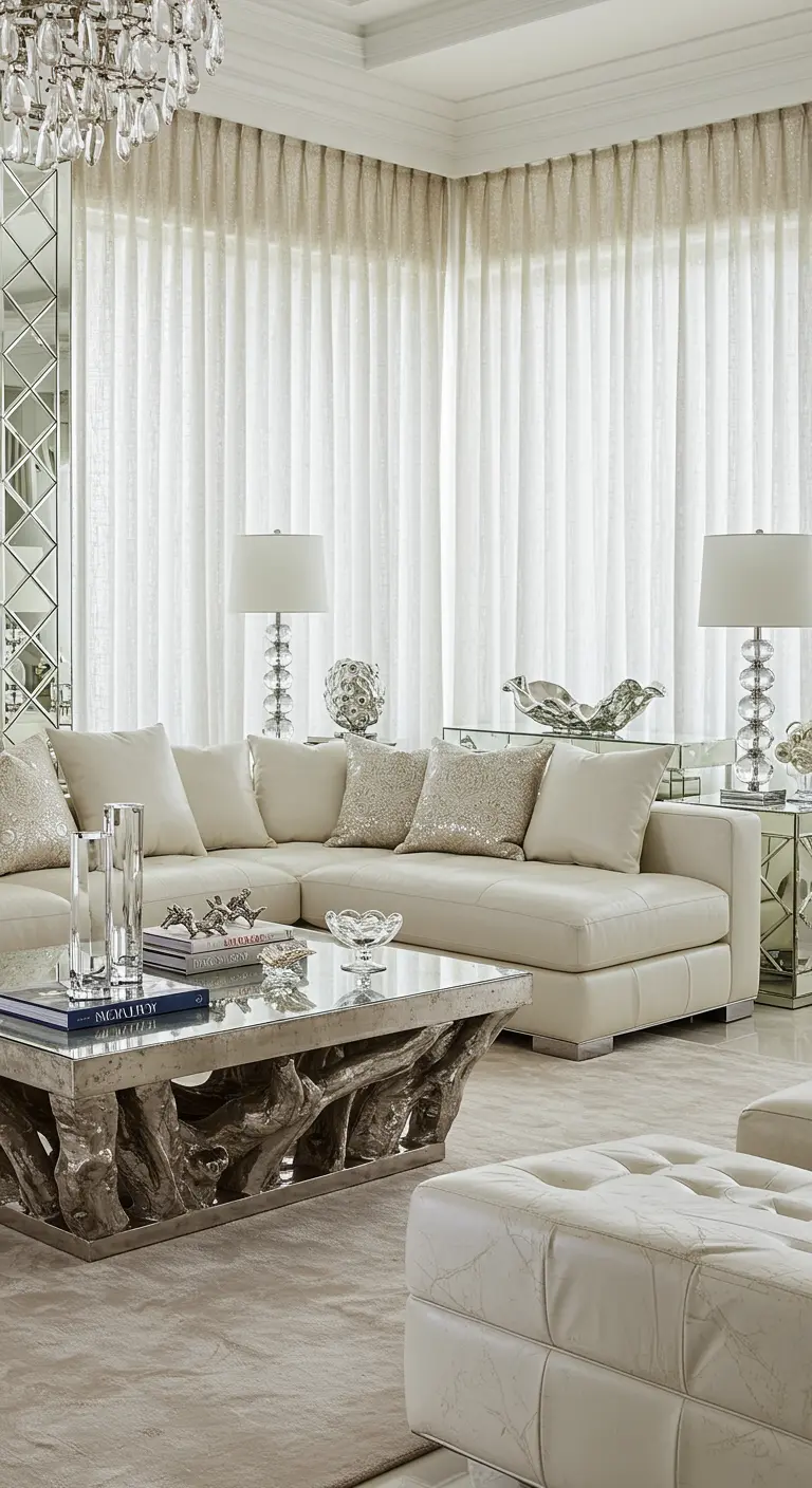 Glamorous living room with a crystal chandelier, mirrored wall, and silvered driftwood table.