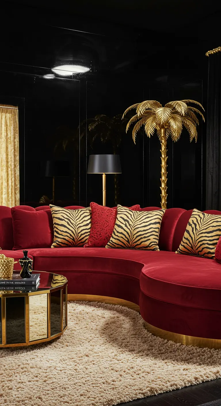 Curved red velvet sofa in a room with black lacquered walls and a gold palm tree lamp.