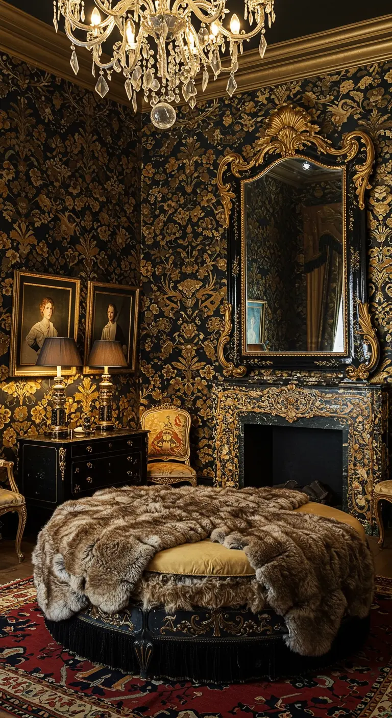 Lavish black and gold bedroom with a fur-covered ottoman and ornate fireplace.