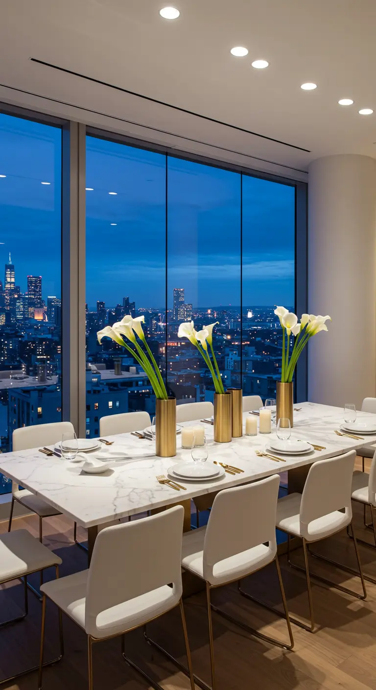 A modern dining table with white calla lilies in gold vases overlooking a city skyline at dusk.
