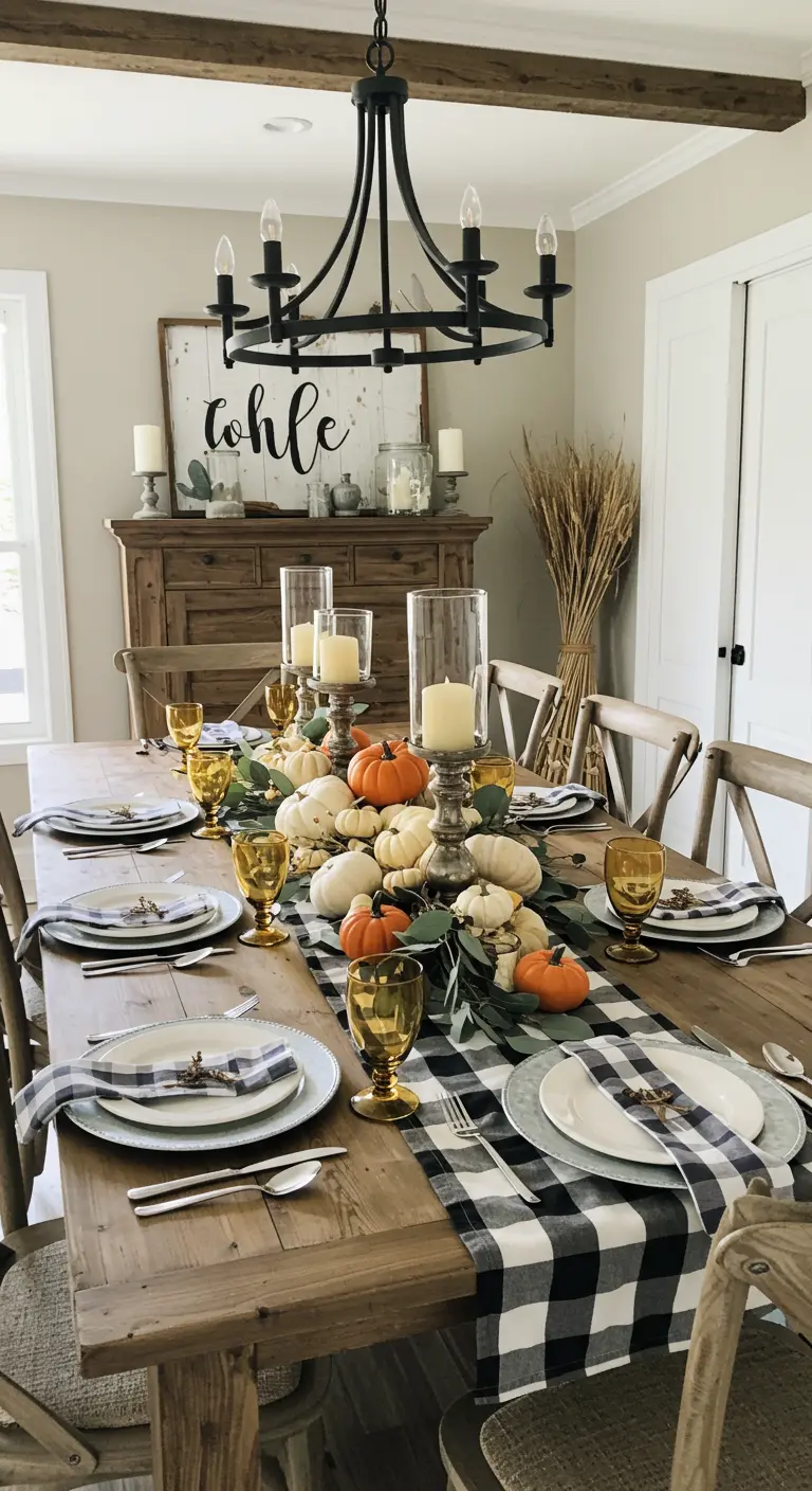 Farmhouse dining table with a pumpkin and candle centerpiece on a buffalo check runner.