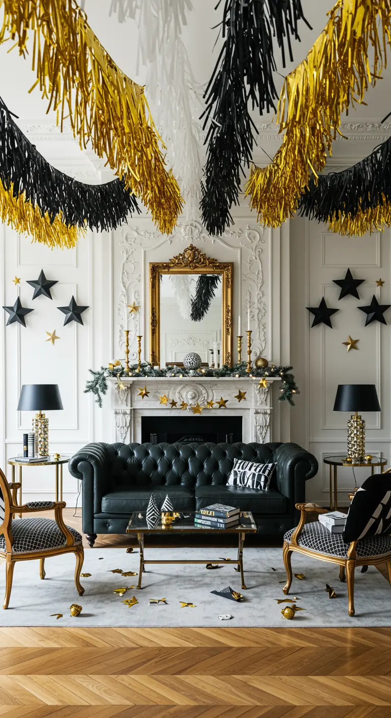 Elegant living room with black, white, and gold tassel garlands on the ceiling.