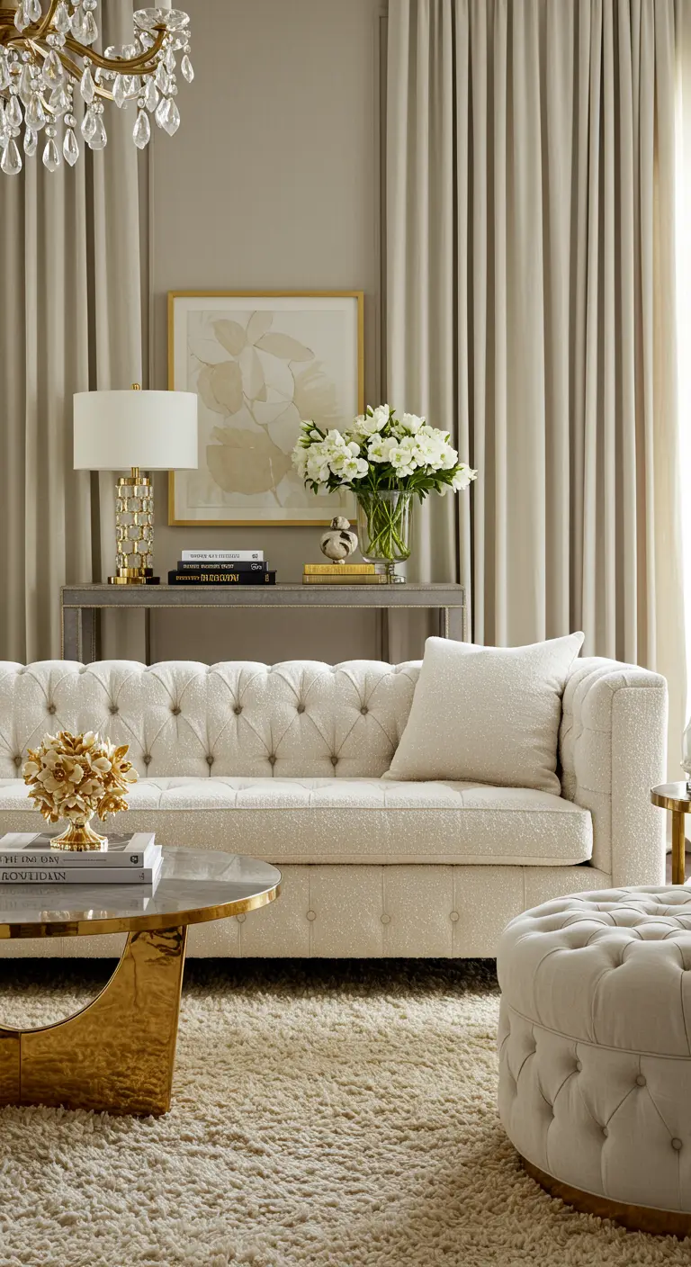A cream-colored bouclé sofa on a plush shag rug with a sculptural gold coffee table.