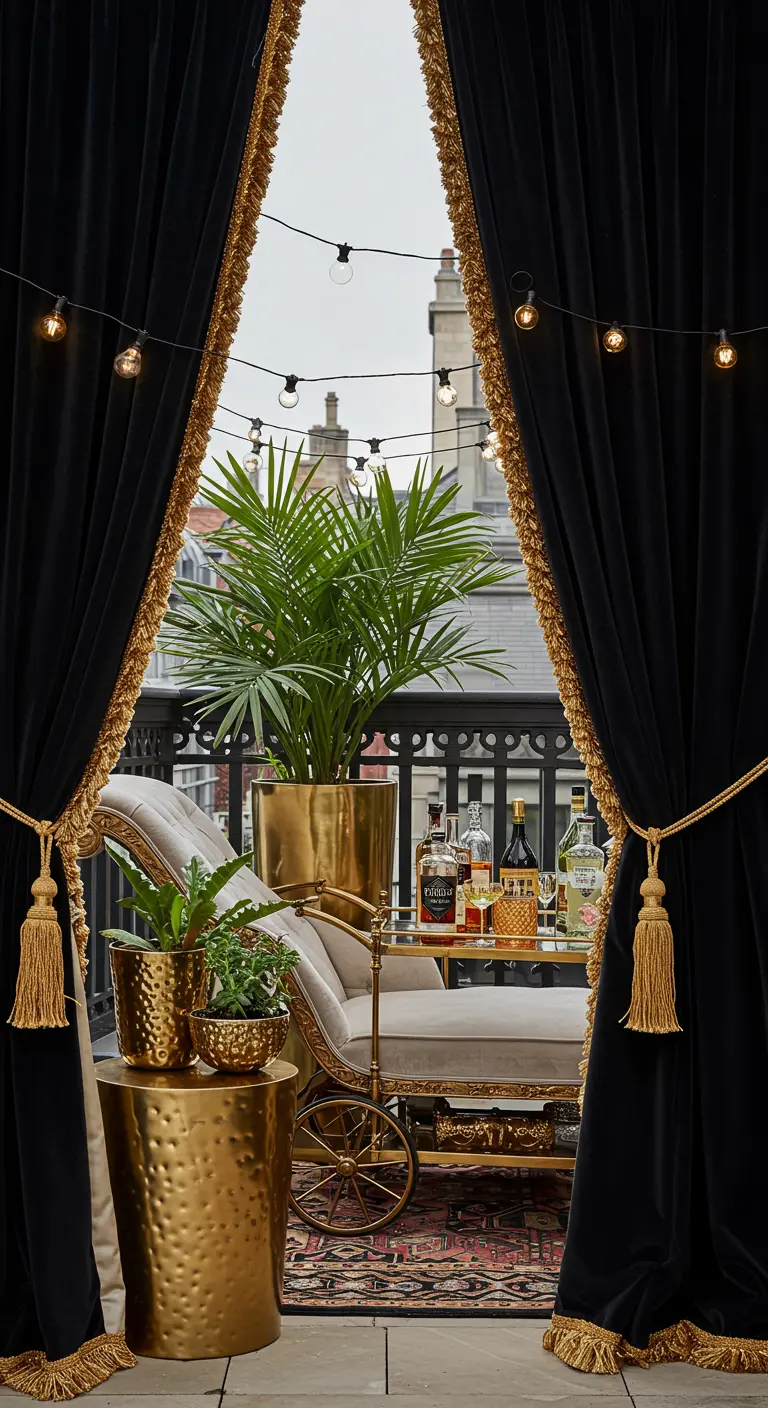 A sophisticated balcony with black velvet curtains with gold trim, framing a gold bar cart.