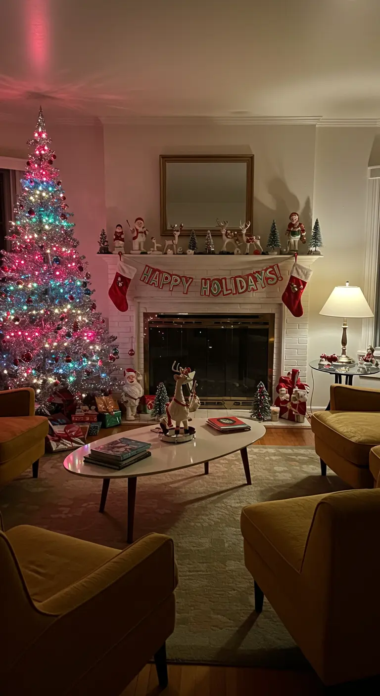 Living room with a silver tinsel tree with colorful lights and a decorated fireplace.
