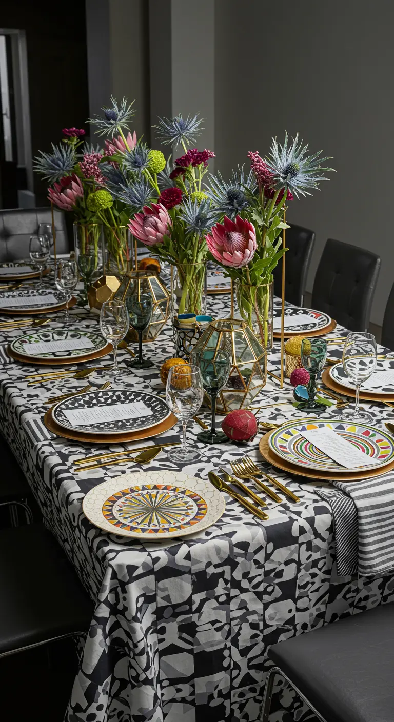 A modern tablescape with a black-and-white geometric tablecloth, patterned plates, and floral centerpieces.