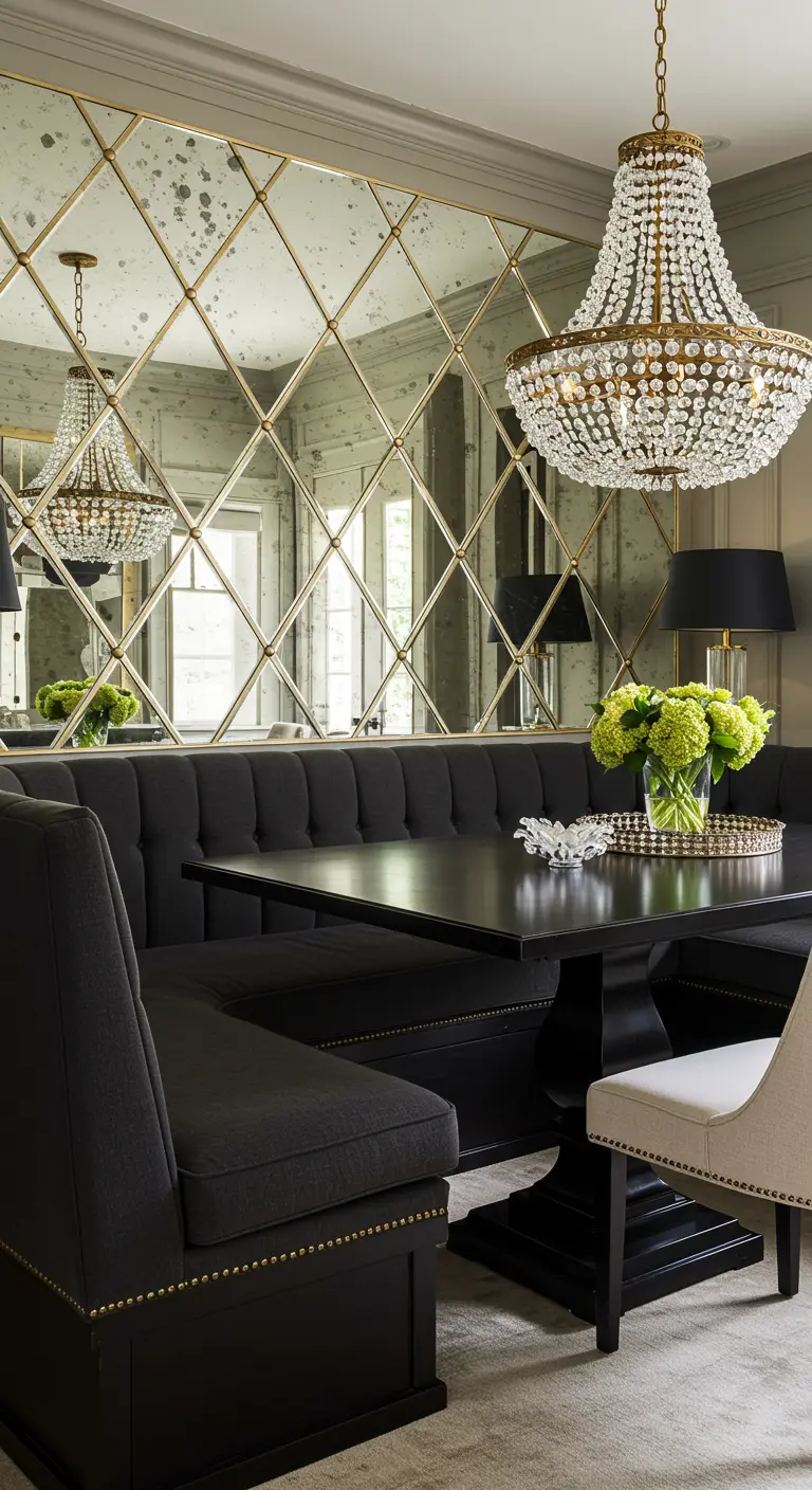 Dining space with a diamond-patterned antiqued mirror wall and a crystal beaded chandelier.