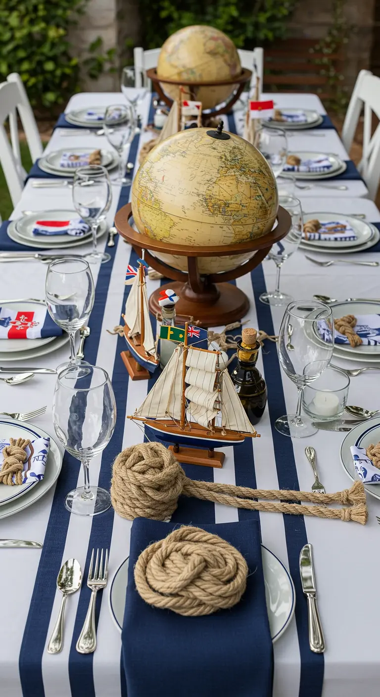 Nautical table with vintage globes as centerpieces and mini sailboats with flags.