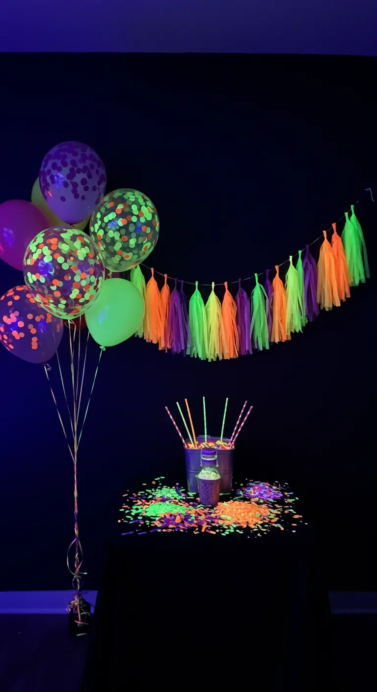 A blacklight party with neon confetti balloons and a glowing neon tassel garland in a dark room.