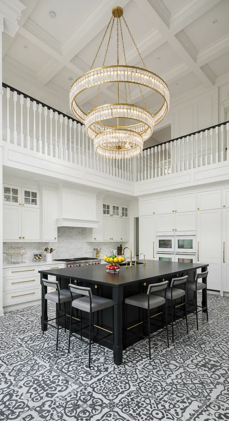 Grand, double-height kitchen with a massive tiered chandelier and intricate floor tiles.