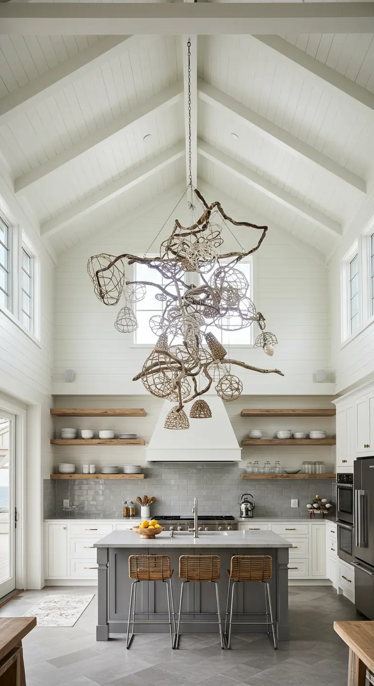 A massive, artistic chandelier made of driftwood hangs in a kitchen with high vaulted ceilings.
