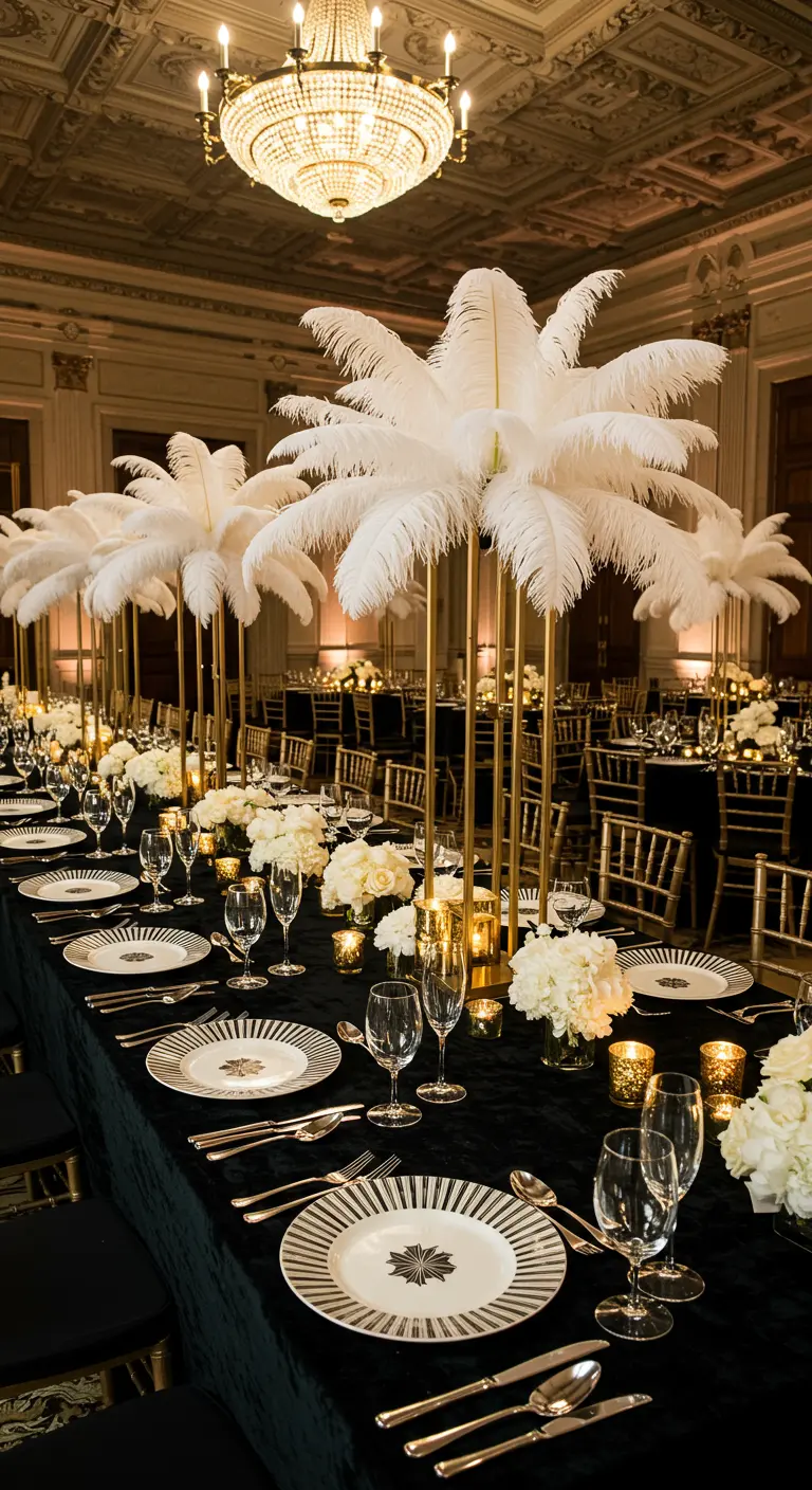 Long Art Deco banquet table with tall white ostrich feather centerpieces.