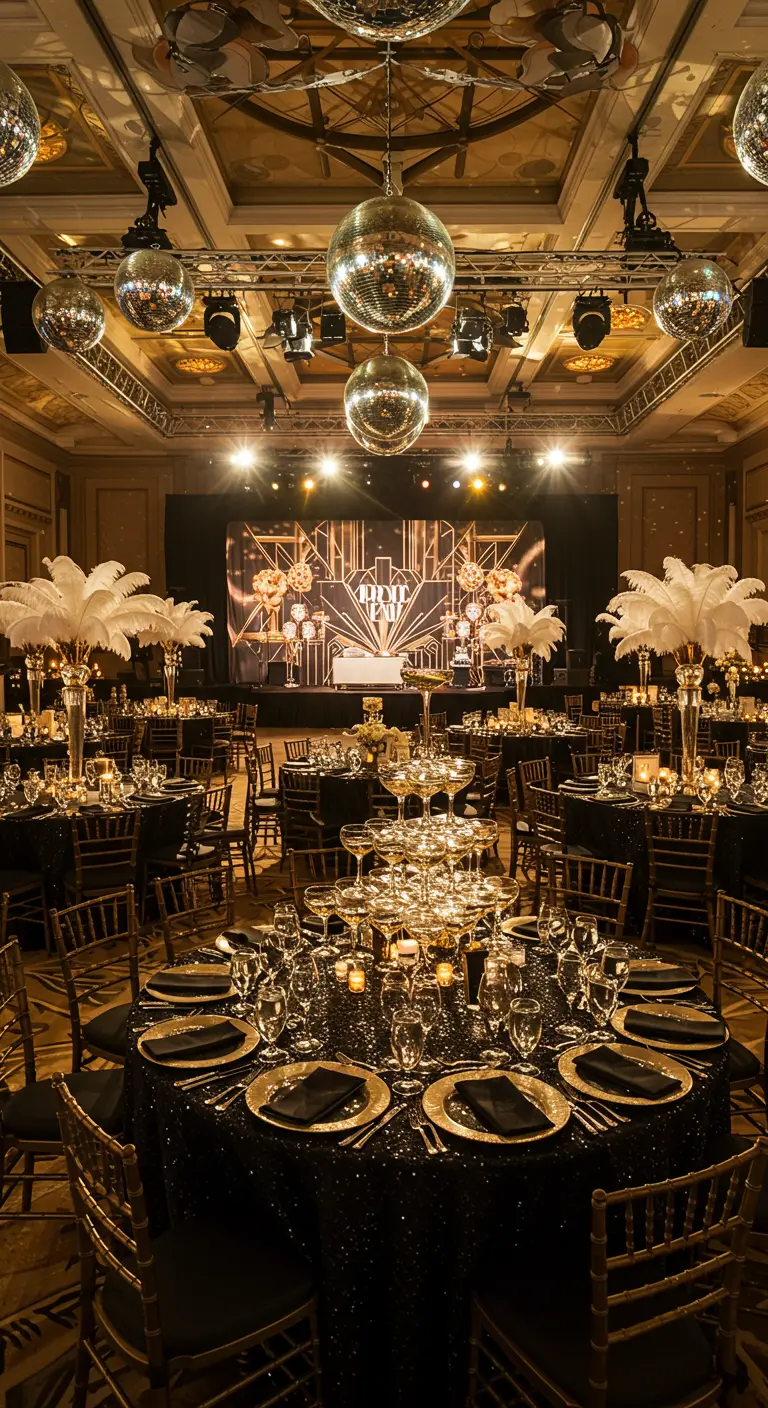 A grand ballroom decorated in an Art Deco style with black, gold, and feather centerpieces.