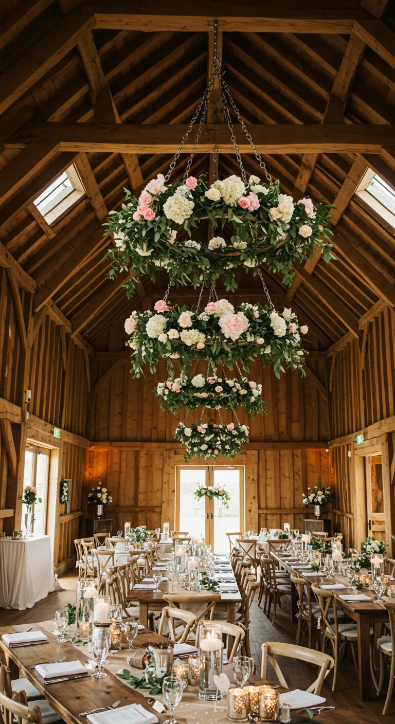 Tiered floral hoop chandeliers with pink and white flowers hanging in a rustic wooden barn.
