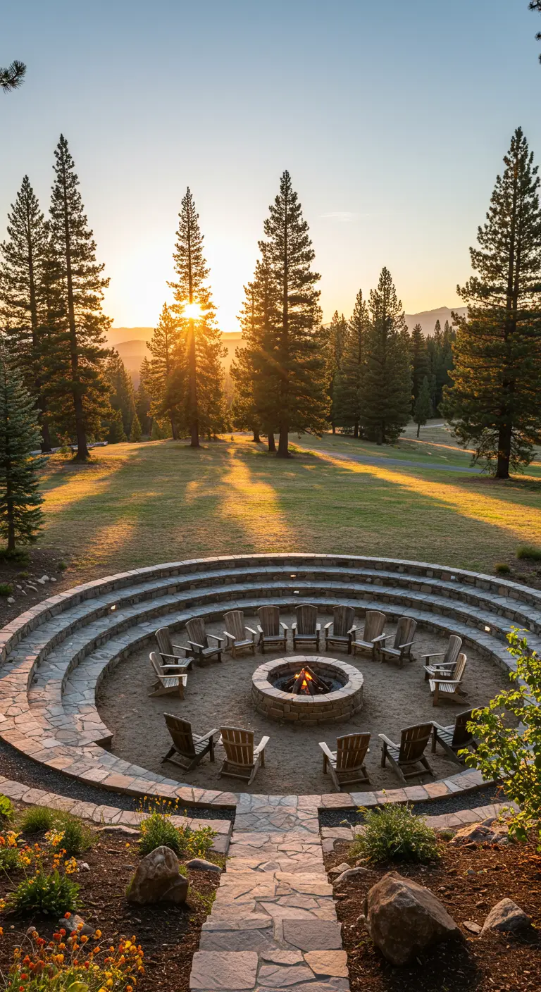 A large, sunken fire pit surrounded by tiered stone amphitheater-style seating.