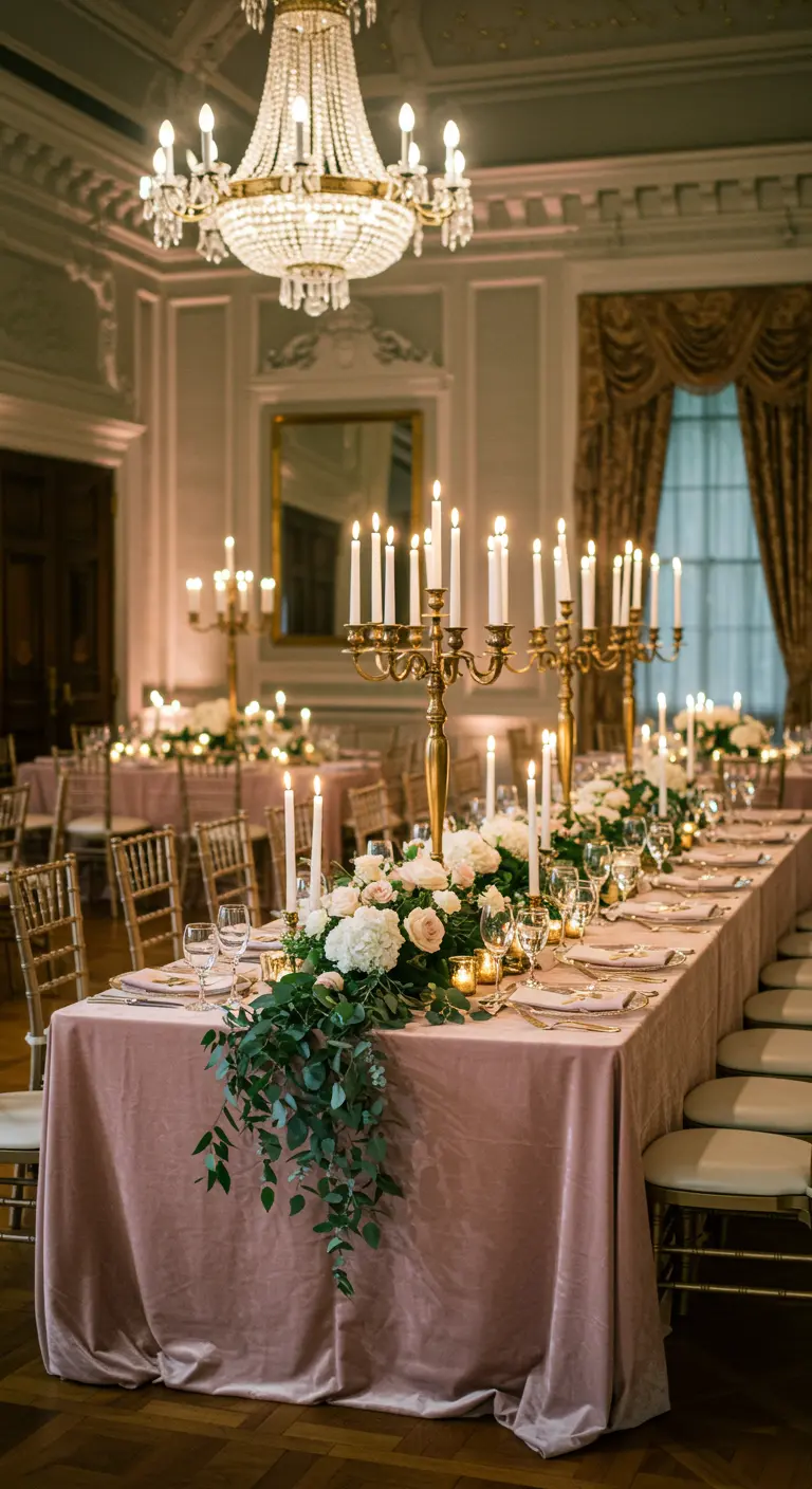 A long banquet table with a blush velvet tablecloth, gold candelabras, and a cascading greenery runner.
