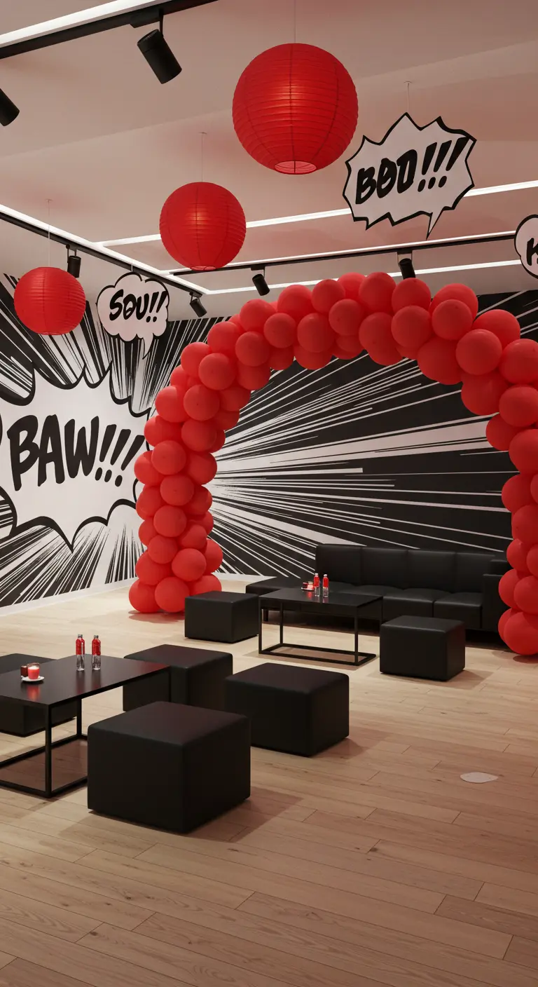 Modern comic book party with a red balloon arch and graphic wall.