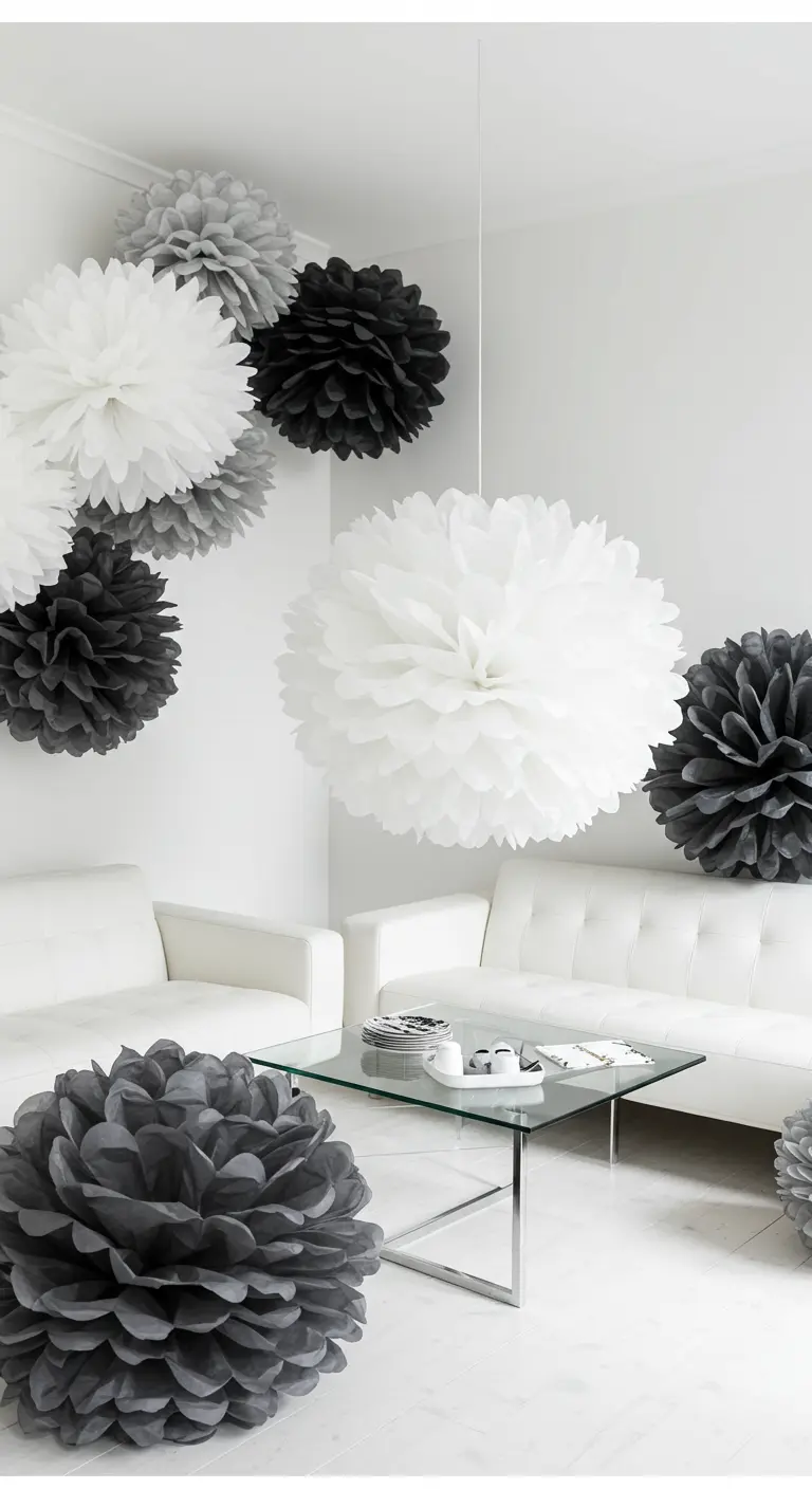 A modern white room decorated with large black, white, and grey tissue paper pom-poms.