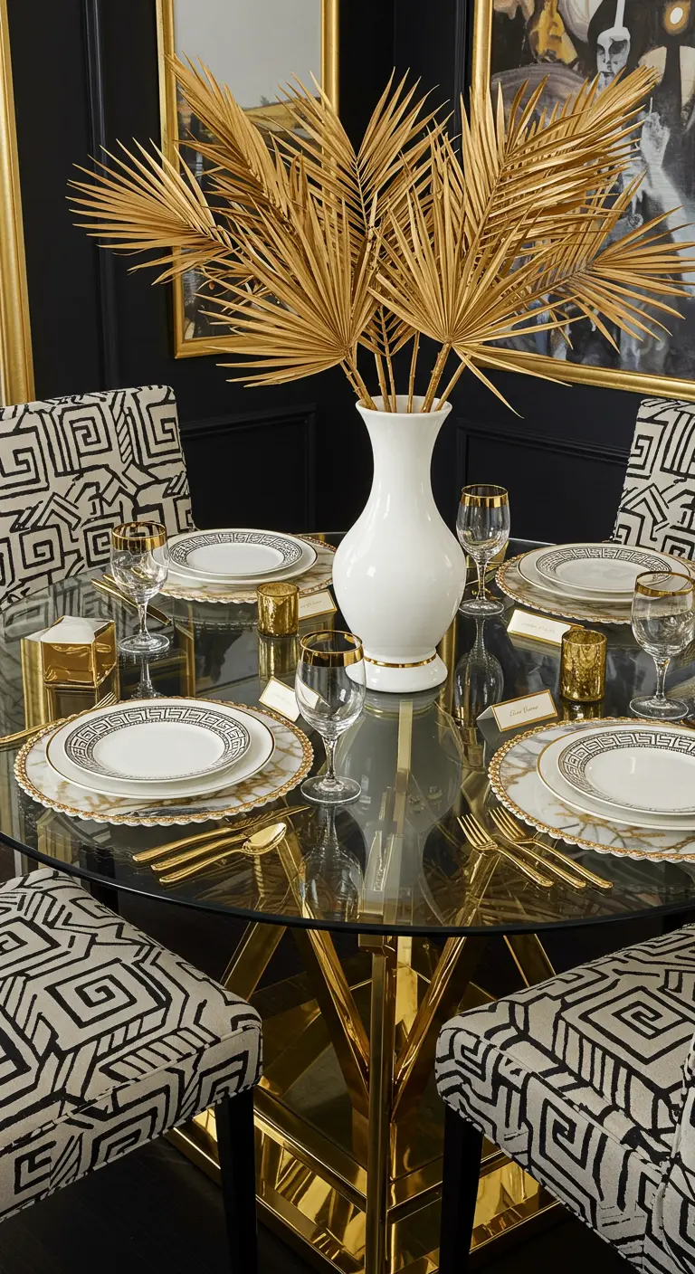 A glass and gold table with gold palm fronds and bold geometric chairs.