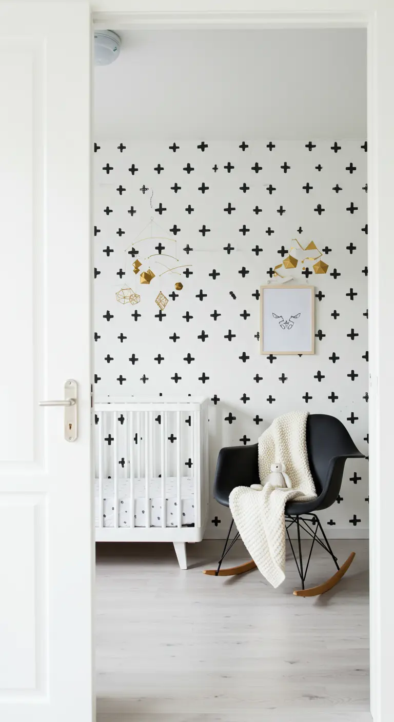 Nursery with a white and black cross-patterned accent wall, a white crib, and a gold mobile.
