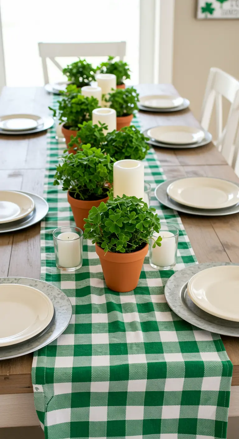 St. Patrick's Day table with a green check runner and a line of potted shamrocks.
