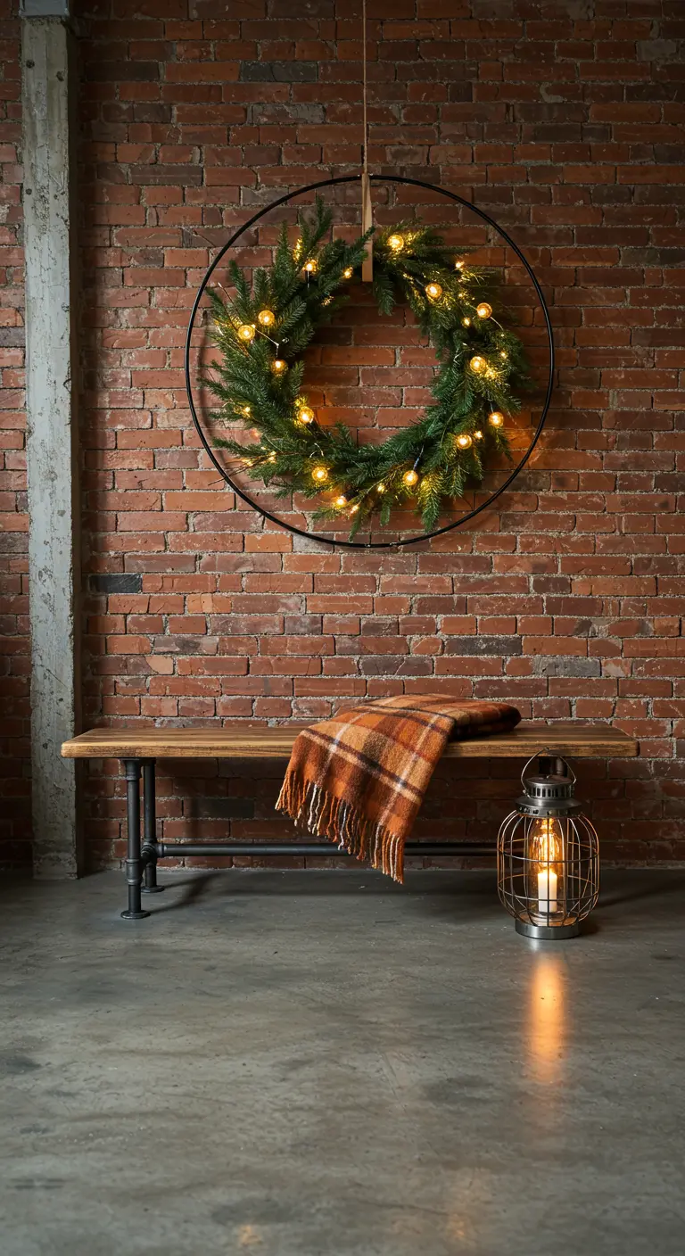 Industrial loft entryway with a large hoop wreath hanging against a brick wall.