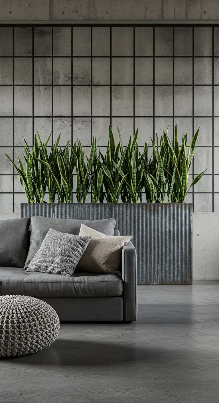 A gray sofa in an industrial room with a long corrugated metal planter behind it.
