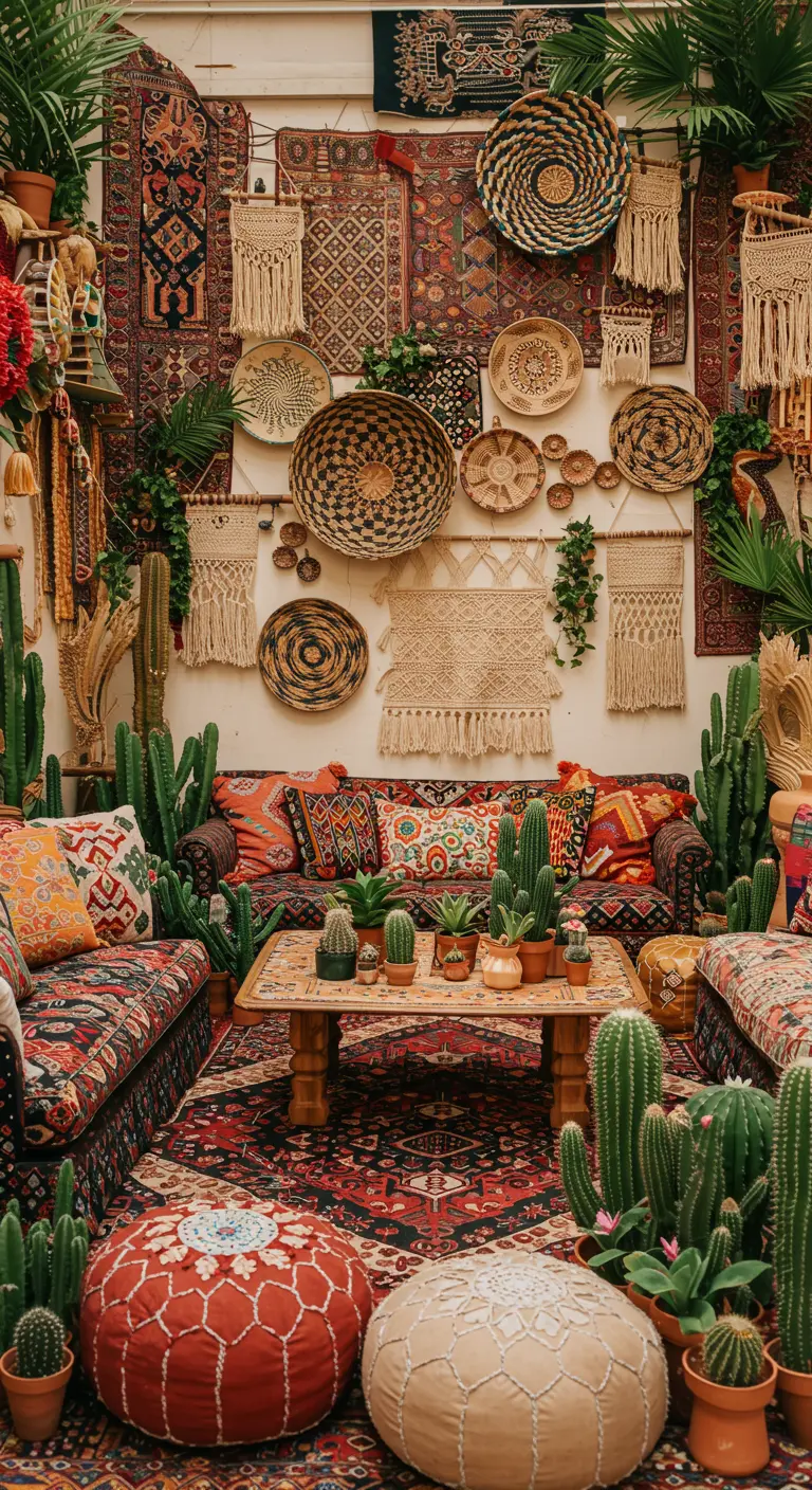 A maximalist bohemian room filled with layered rugs, wall hangings, plants, and colorful pillows.