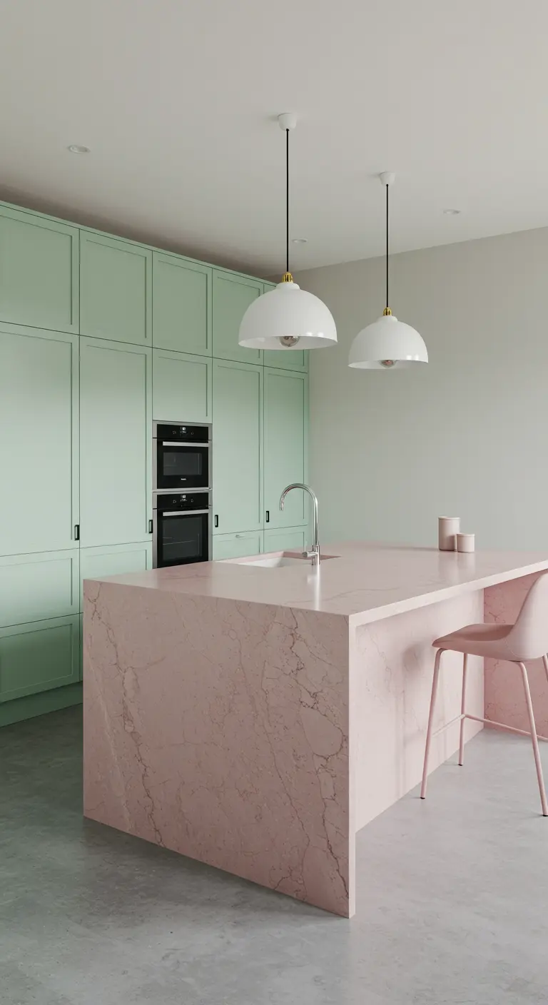 Minimalist kitchen dominated by a massive pink marble waterfall island.