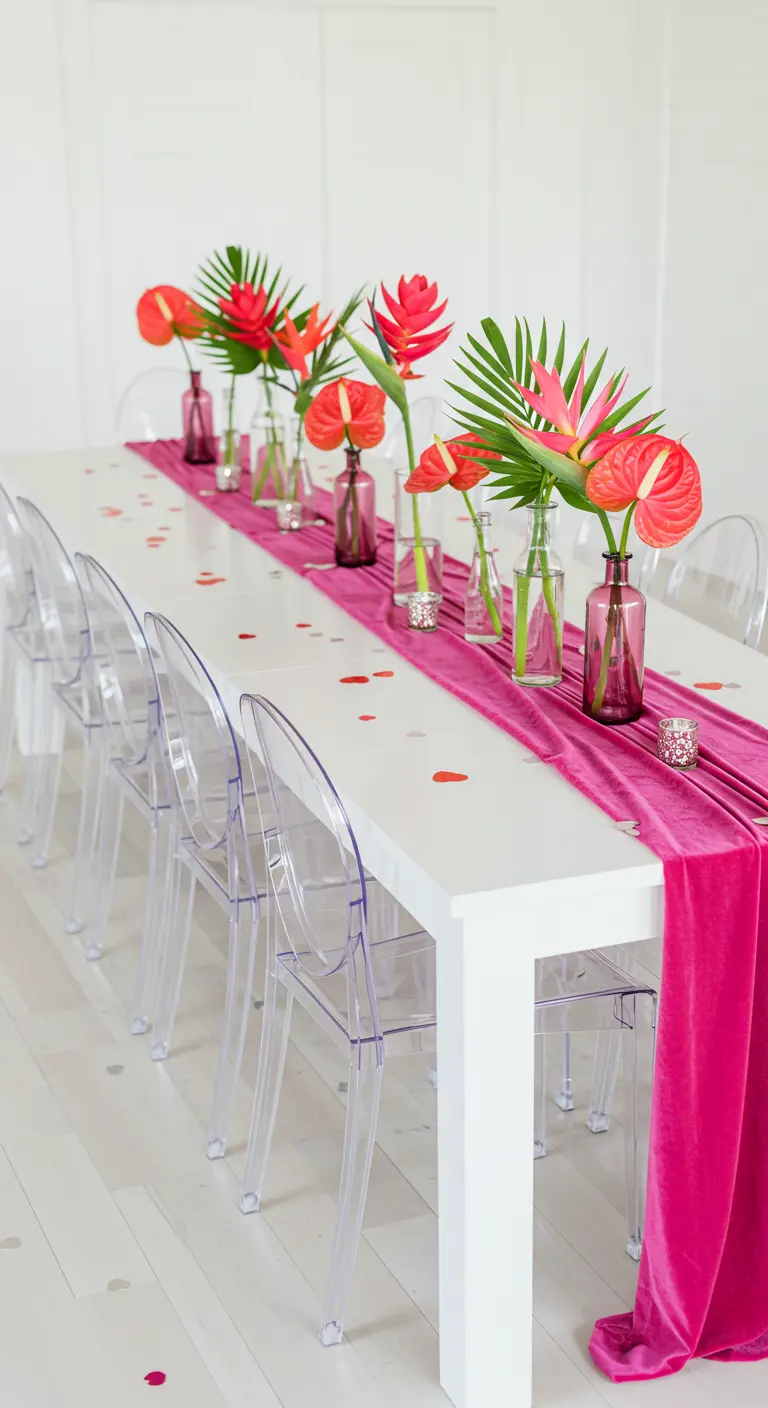 A minimalist white table with a vibrant magenta velvet runner and single-stem flowers in bud vases.