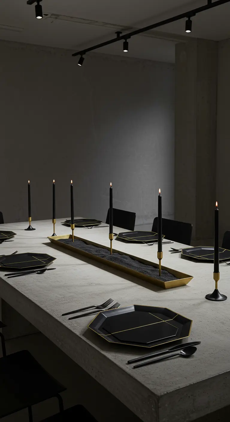 A minimalist concrete table with black geometric plates and a long candle centerpiece.