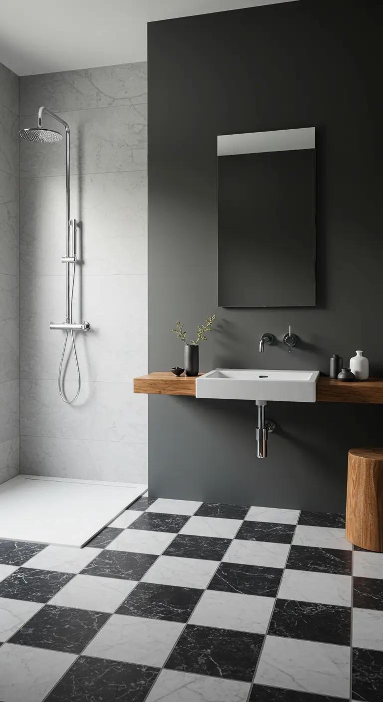 Modern bathroom with a floating wood shelf, vessel sink, and checkerboard floor.