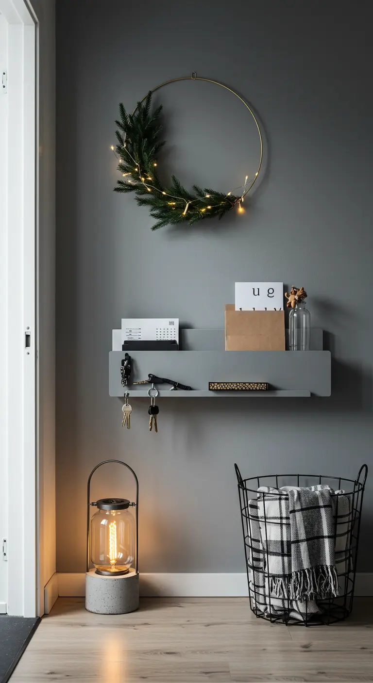 Modern entryway with a minimalist crescent wreath and a sleek lantern and wire basket.