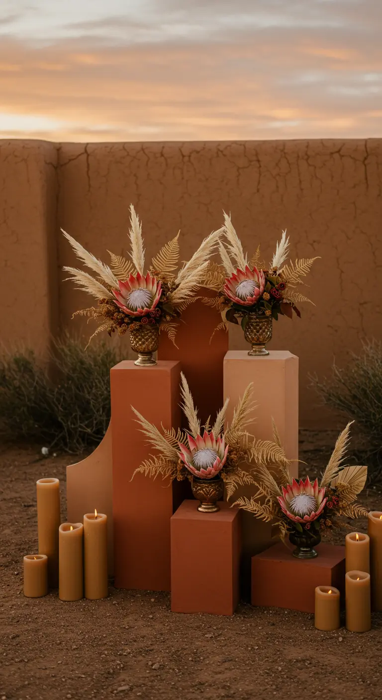 Modern desert wedding altar with terracotta-colored pedestals and protea arrangements.